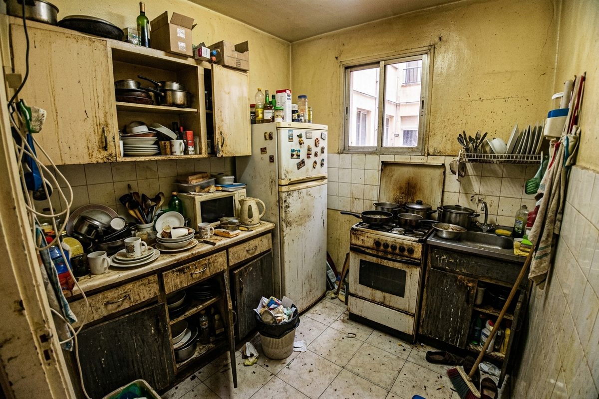 Cocina de un bar con menaje y cacharros acumulados antes del vaciado