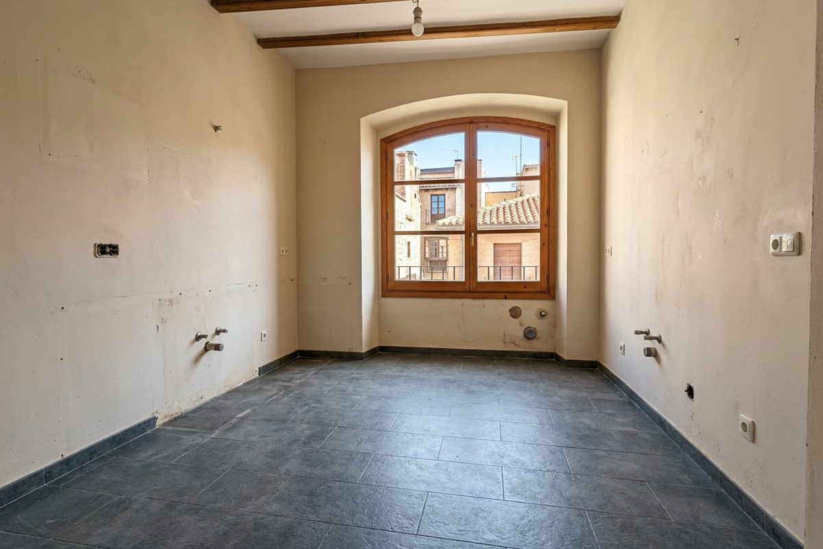 Cocina vacía con las tomas a la vista tras el vaciado de un bar en Carabanchel
