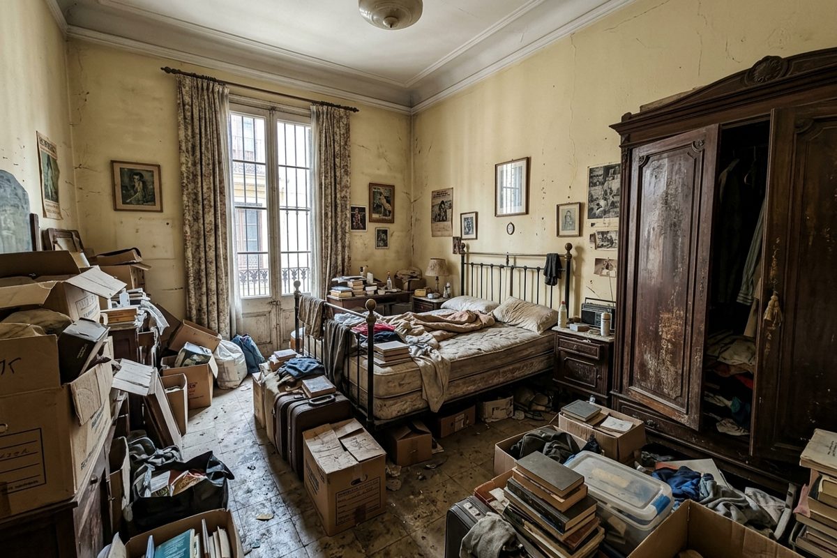 Dormitorio con muebles antiguos y cajas de un familiar fallecido antes del vaciado