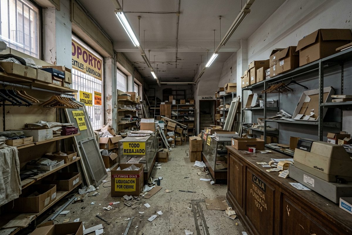 Tienda cerrada con estanterías y género abandonado antes del vaciado del local