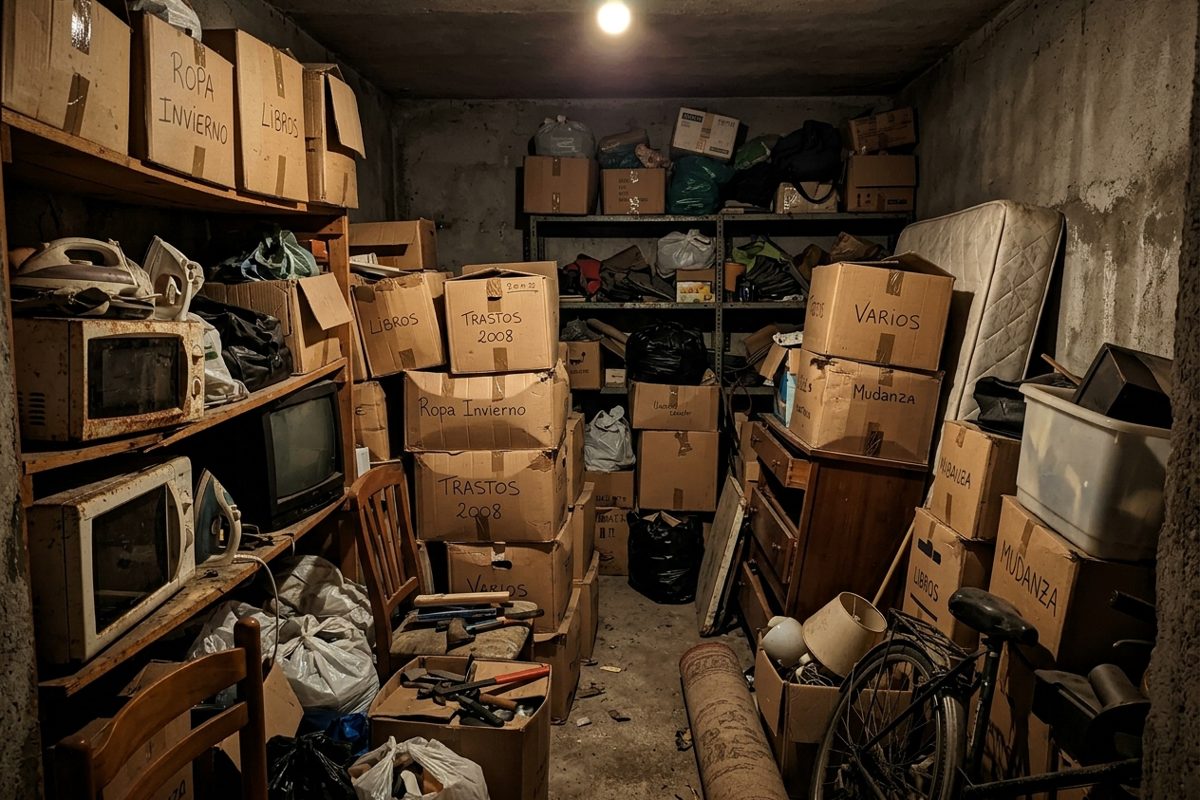 Trastero lleno de cajas, aparatos y bicicletas antes del vaciado